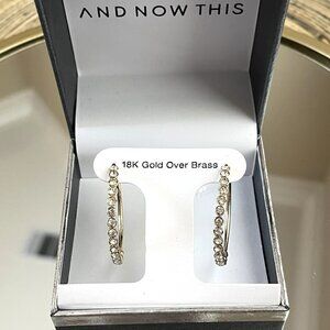 NEW And Now This High Polished Clear Crystal Duo C Hoop Earring Pair, Gold Plate
